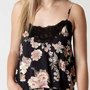 NWT Billabong Side by Side Tank Floral Black Lace Cropped Romantic Straps L